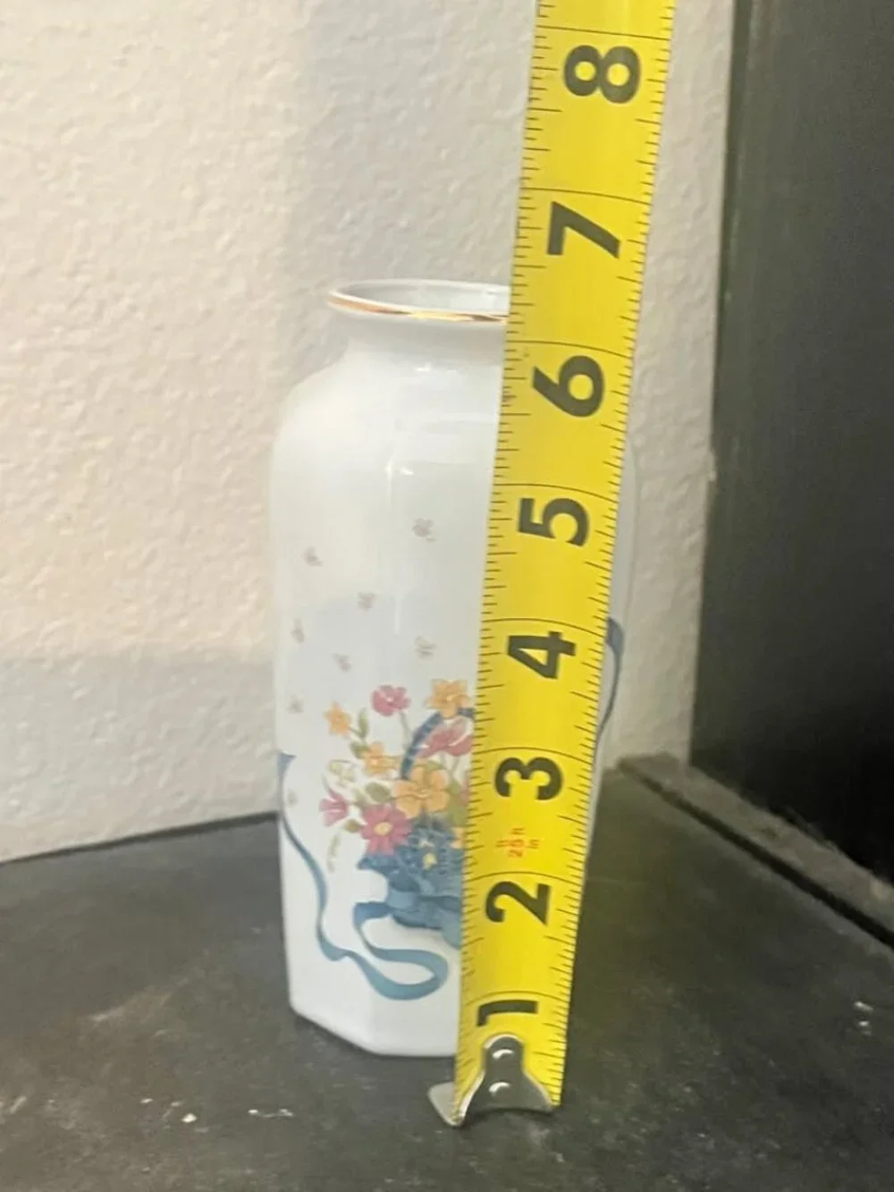 Vintage Fine China Hexagonal Vase with Basket of Flowers and Gold Accents